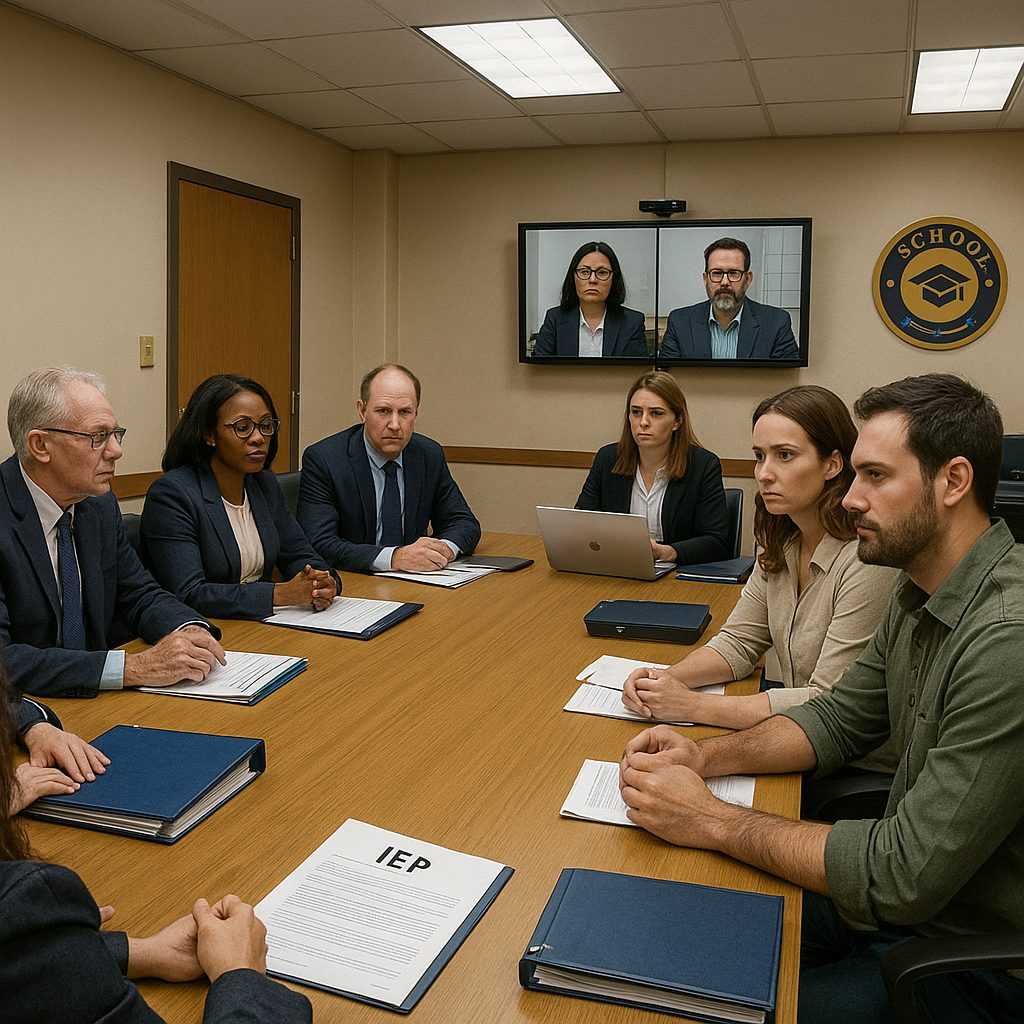 Parents meeting with an IEP team in a school conference room with remote participants on screen.